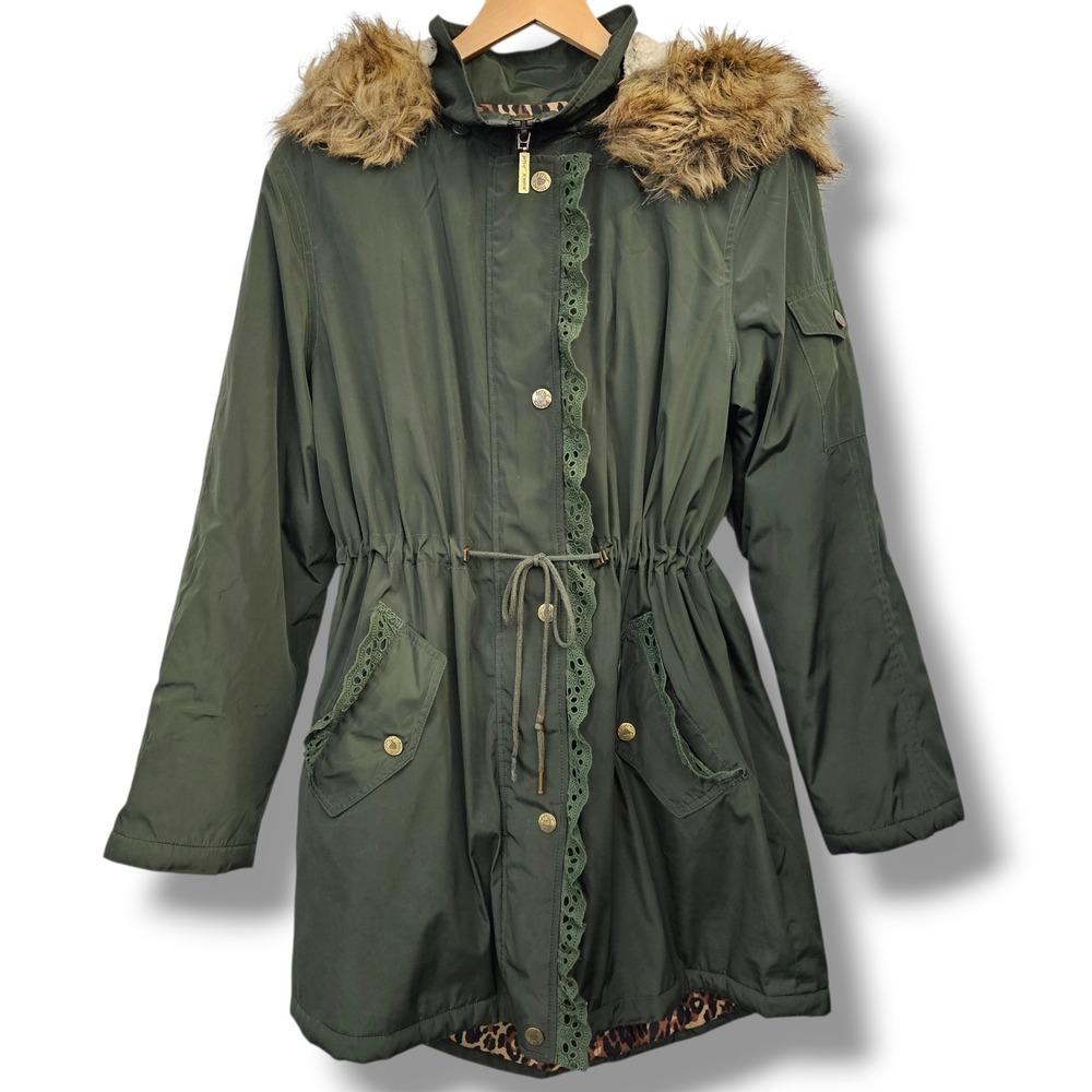 Betsey Johnson Womens Olive Green Parka Jacket L Leopard Print Lining Faux Fur